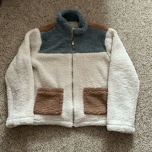 Blue tan and cream color block jacket